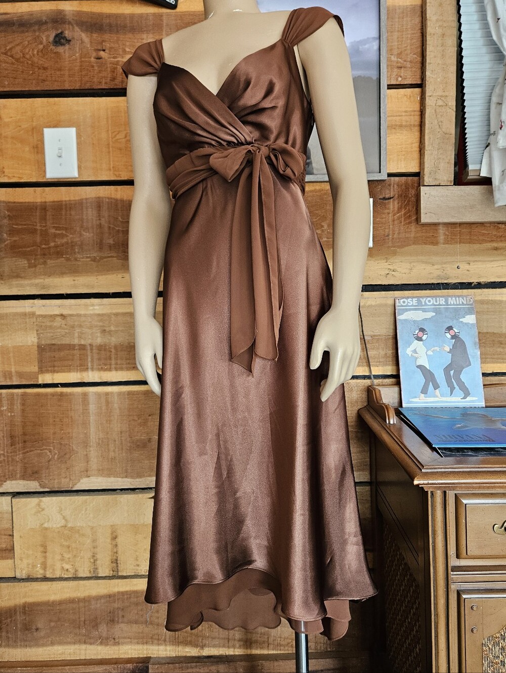 David's Bridal Brown Satin Chiffon Cap Sleeve Midi Dress with Tie Waist Hi Low